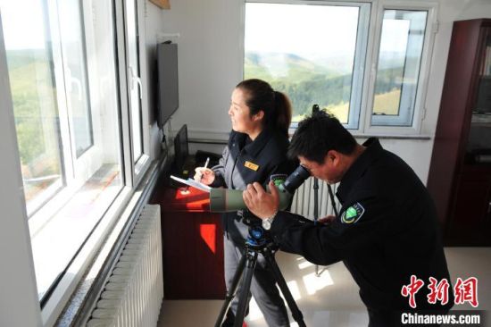 刘军正在通过望远镜向远处的林海四处�t望，王娟在旁边记录 张桂芹 摄