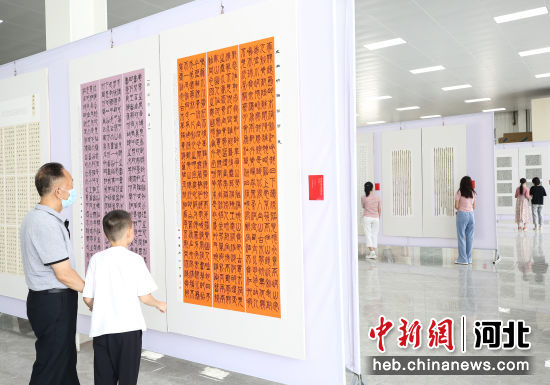 在河北省首届书法临帖展中，游客正在参观展出的书法作品。 李超 摄