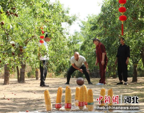 图为河北沧县高川乡枣农在趣味运动会上参与玉米保龄球比赛。 田博 摄