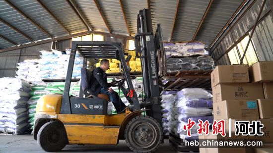 在河北省邢台市南和区贾宋镇田庄村一家宠物电商仓库内，工作人员正在运输宠物食品。 作者 武国栋