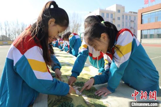 11月28日，学生在操场上观看赵卫平的十字绣作品《清明上河图》。刘延岭 摄